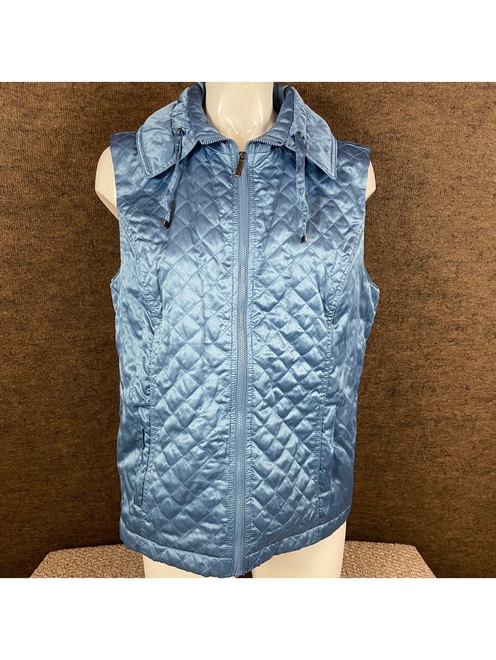 Laura Ashley Quilted Vest Womens Large Blue Metallic Pockets Full Zip Fall R2